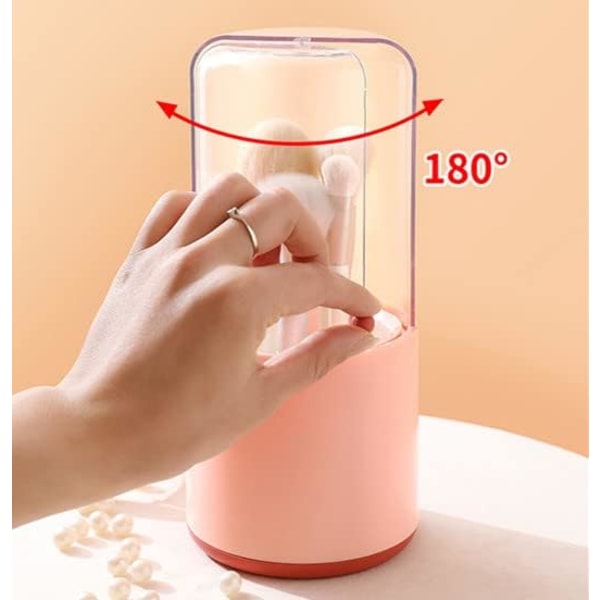 Sminkborsthållare med pärlor, Organizer med kristallklart roterande lås Dammtät kosmetisk borstorganiseringslåda (rosa)