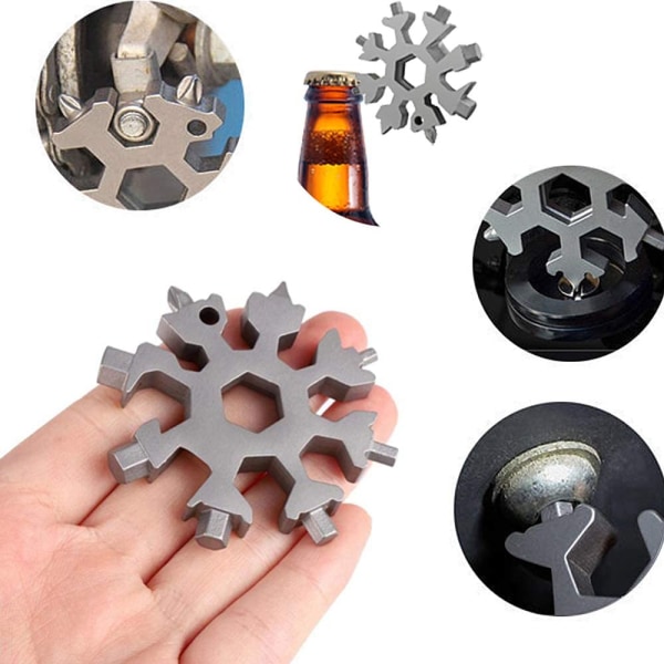Snowflake Multi-Tool, 18-i-1 bärbar multiverktyg i rostfritt stål, bärbar nyckelring Skruvmejsel Flasköppnare
