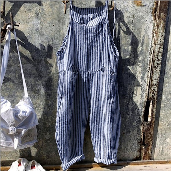 Dam Bomullslinne Randig Jumpsuit Dungarees Playsuit Overall Röd