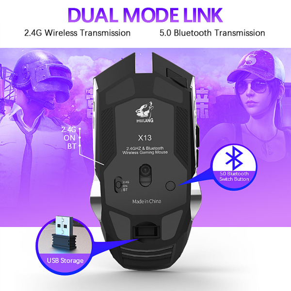 Bluetooth trådløs Dual Mode opladning Gaming Mus Støjsvag vandkøling Belyste mekaniske mus, USB trådløs mus med 6 knapper 6 udskiftelige