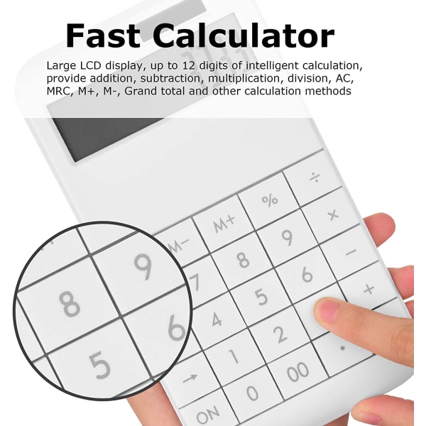 Office Calculator, 12 Digit Large LCD Display Solar Battery Standard Desk Calculator - White