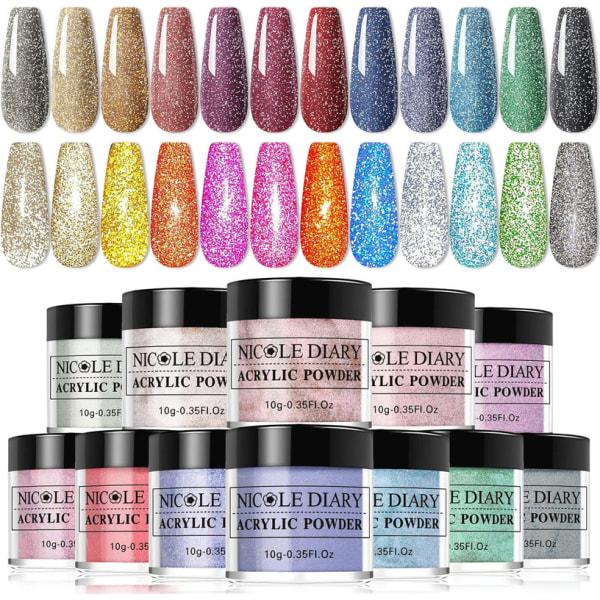12 färger akryl nagelpulver - Nicole Diary Professional akryl för nagelpulver