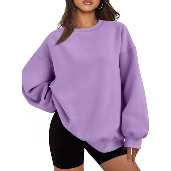 Oversized fleece-genser for kvinner, langermet crew neck-pullover, avslappet hettegenser, topper, lilla, stor