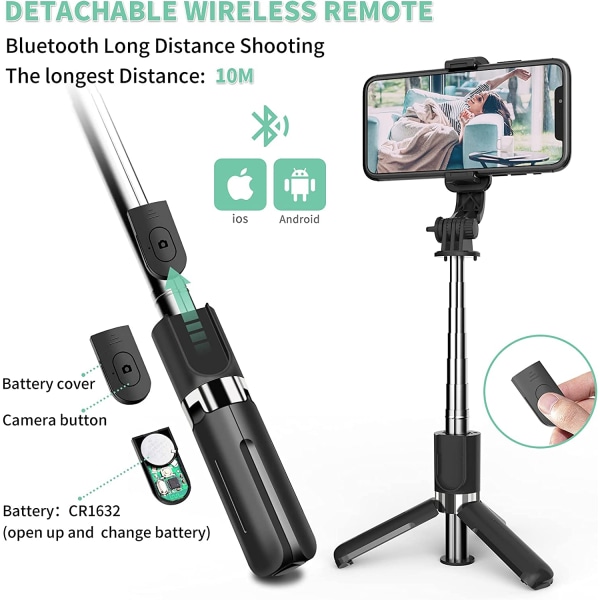 Selfie Stick, Bluetooth Selfie Stick Tripod fjernbetjening 3