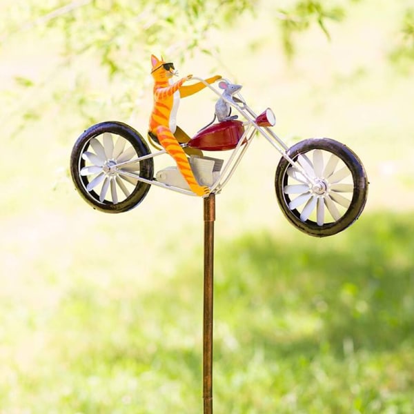 Vintage cykel metall pinwheel med stående stolpe trädgård trädgård gräsmatta dekoration katt och mus