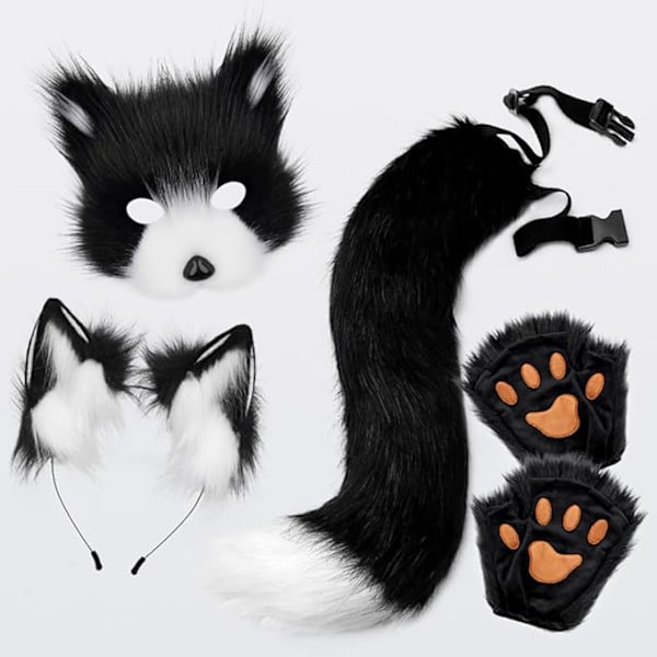 Falsk pels rævehale plushet maske hale og ører sæt, kattehale ræve kostume cosplay kostume med katteører og pote handsker halloween cosplay black and white