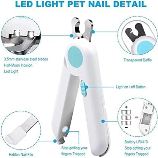 Cat Dog Nagelklippare och Trimmer, Nagelklippare för husdjur med LED-ljus Säkerhetsskydd Nagelfil Professionell husdjursvårdsverktyg (sininen)