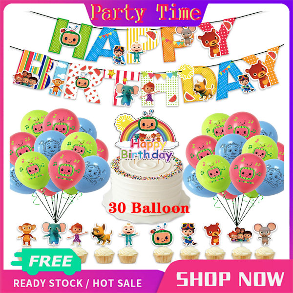 【Festtid】Cocomelon-aiheinen syntymäpäiväjuhla tarvitsee koristesarjan lapsille Poika Tytöt Lahja Hyvää syntymäpäivää Bannerit Kakkukoristetarvikkeet Cocomelon 30 Balloon