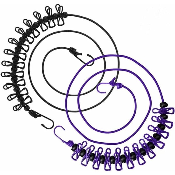 Flexibel klädstreck, bärbart klädställ med 13 svarta positioneringsöglor för camping, vandring, strandresor och torkning hemma (svart lila)