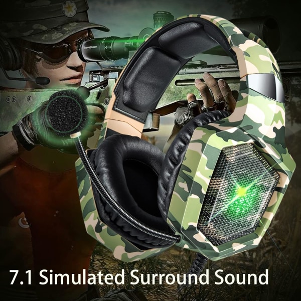 Gaming Headset med mikrofon, PS4 PS5 Kopfh?rer 3,5 mm PC LED Camouflage