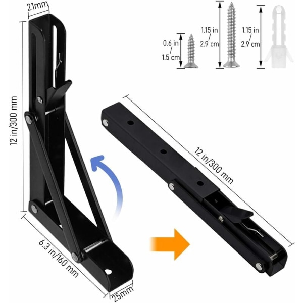 Sæt med 2 hyldebeslag 300 mm, sammenklappelig konsolstøtte, rustfrit