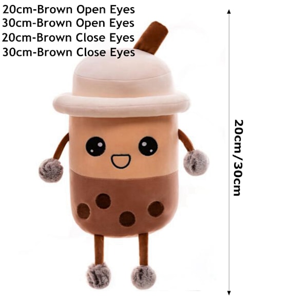 Blød, fyldt plys pude Bubble Tea Boba Cup-mønster 24cm-Brown Open Eyes