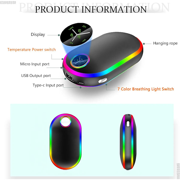 Uppladdningsbar handvärmare - Julklappspresent, 7 färgskiftande lampor Elektrisk handvärmare 10000Mah, (13-18 timmar)