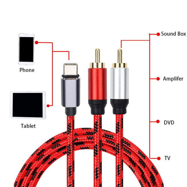 2x USB Typ-c til 2 RCA-lydkabel Typ C RCA-kabel Jack Typ C RCA-kabel kompatibel med høytaler Hem-TV