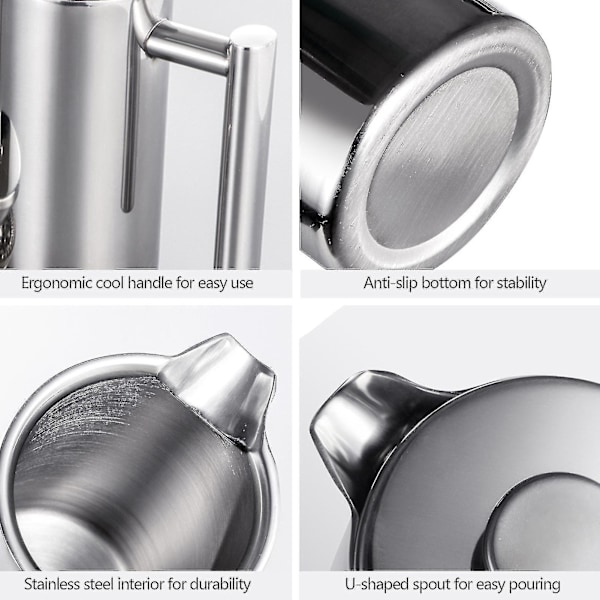 350ml/800ml/1000ml Ruostumattomasta teräksestä valmistettu ranskalainen kahvipannu Kahvinkeitin Kaksinkertainen eristys BY 350 ml