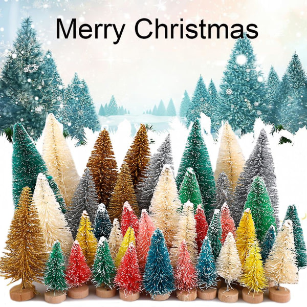 40st Mini Cedar Trees Set Sisal Snow Frost Tree Med Träbotten Flaska Borst Träd Vinter Bordsskiva Julgranar