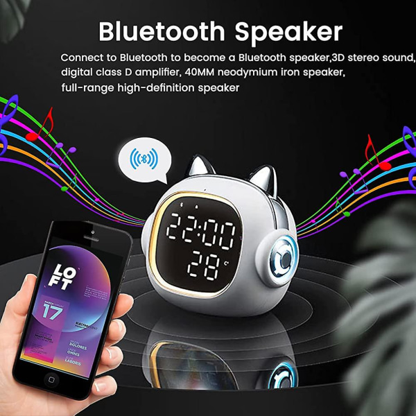 Cat Vekkerklokke med Bluetooth-høyttaler, 2 grupper uavhengige alarmer, smart vekkerklokke