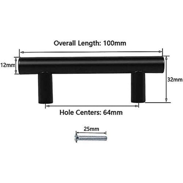 20-pakning sorte kjøkkenhåndtak i rustfritt stål (hullavstand: 64 mm)