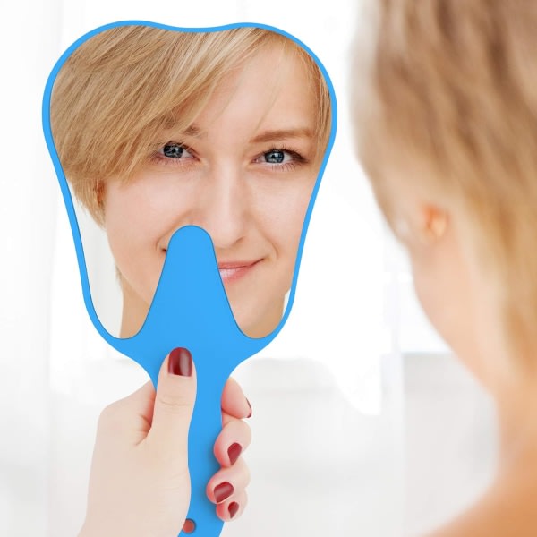 Handhållen spegel liten med handtag blå, handhållen spegel tandformad sminkspegel för barn