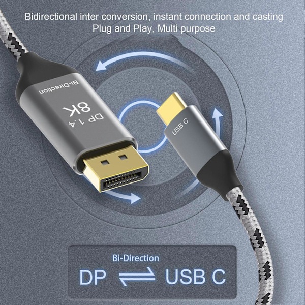 USB C - DisplayPort -kaapeli Ammattimainen Plug and Play -tuki 8K 60HZ Kaksisuuntainen siirto TYPE C - DisplayPort -sovitin 1,8 m (FMY)
