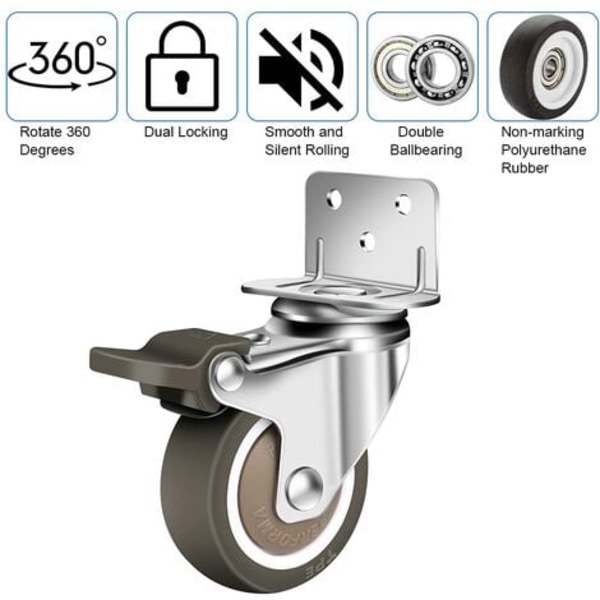 4-pack 50mm Swivelhjul, 100 kg Möbelhjul, Typ L Möbelhjul med Broms 360° Rotation, för Inomhus- och Utomhusbruk