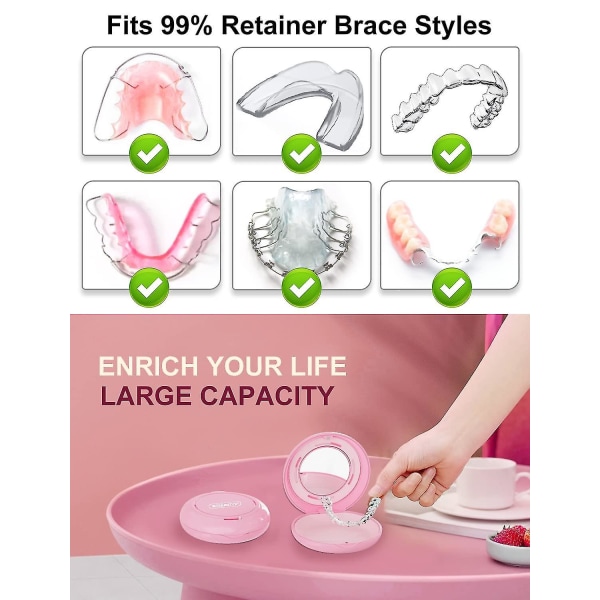 Holderveske med ventilasjonshull, slankt justeringshus med speil, kompatibel med Invisalign, munnbeskyttelsesveske (farge: rosa)