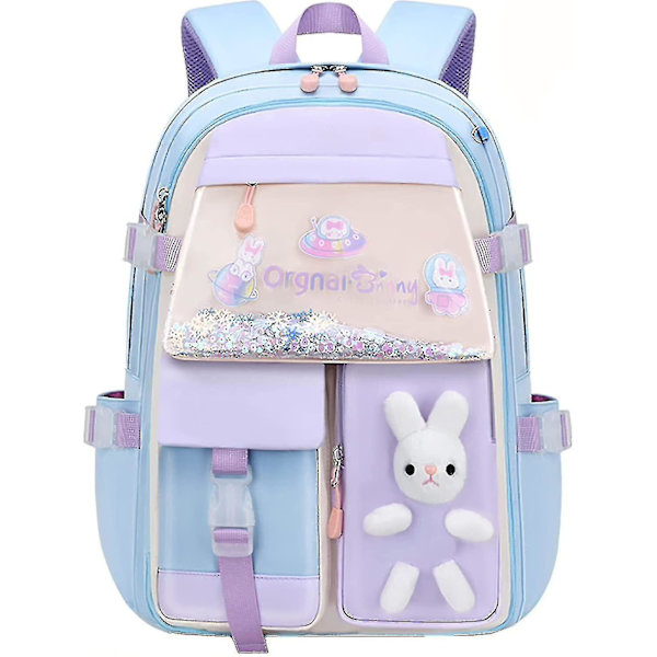 Sød Kanin Rygsæk til Piger, Stor Kapacitet Vandtæt Kawaii Skoletaske til 1.-6. Klasse (Blå, Stor)