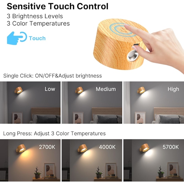 Genopladelig Vægmonteret LED Lampe - 360° Roterbar Touch Kontrol