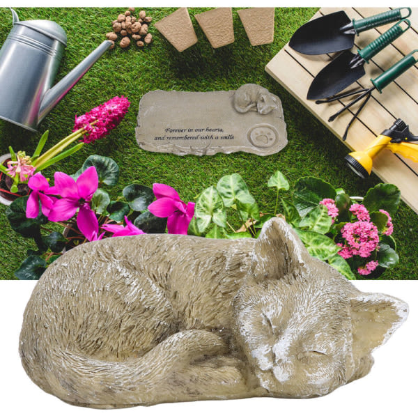 Pet Memorial Gravestone, väderbeständig harts Pet Memorial Garden Stone for hage, utendørsgård (prydnadsföremål, katt, C, mossfärg)