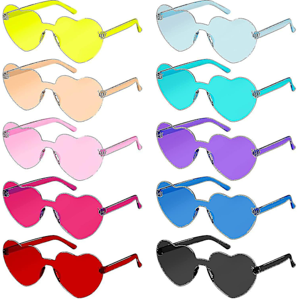 Hjerteformede solbriller 10 stk Rammeløse hjerte solbriller Kjærlighet Hjerteformede briller Transparente fargede hjertebriller Multipack Mote Funky Eyewear Fo