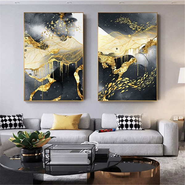 Set med 3 guld affischtryck svart guld marmor konstverk