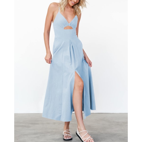 Kvinner 2023 Summer Spaghetti Strap Dress, ermeløs V-hals Slits Casual Beach Party Maxikjole med lommer