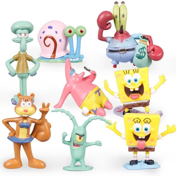 SpongeBob SquarePants Sæt med 8 - Squidward, Sandy Cheeks, Patrick Star, Mr. Krabs, Plankten - Dekoration til børns fødselsdagskagegaver