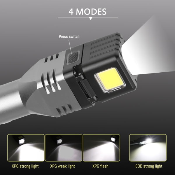 Stærk lys lommelygte XPG+COB lampe med sikkerhedshammer foldbar