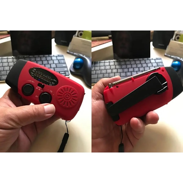 2000mAh vevradio med solcelle, lommelykt og powerbank red