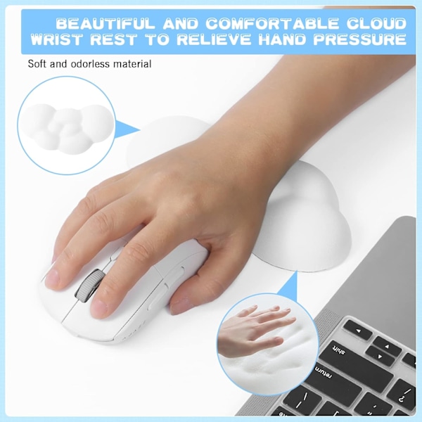 Cloud Memory Foam håndledsstøtte til computertastaturmus, 2-i-1 musemåtte med underlag, ergonomisk design, anti-snavs-hvid