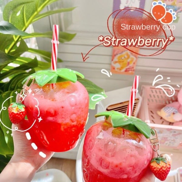500 ml Strawberry Straw Cup, söt mjölktekopp, bärbar