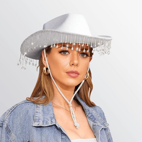 Vit cowboyhatt för kvinnor, med glänsande strassfransar