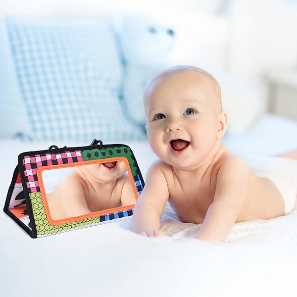 (c) Mageleke matte med speil for magetid, svart og hvit aktivitetsmatte med speil for baby, sensorisk leketøy, aktivitetspeil, babyspeil