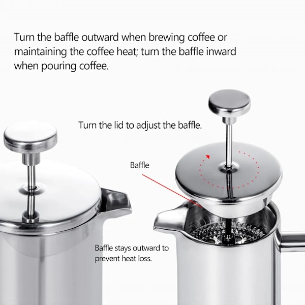 350 ml Dubbelväggig Rostfri Stål Fransk Press Kaffebryggare med Rostfritt Stål Filter, Isolerad Kaffekanna Press Filterkanna Kaffepress