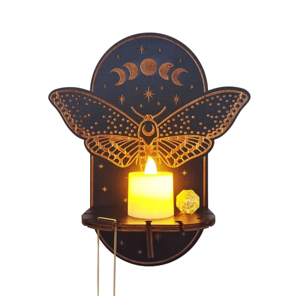 Rustik lyslampa träljusstake med 10 varmeljus, veggmontert kristalldisplayhylla for heminredning, Meditation Hawkmoth