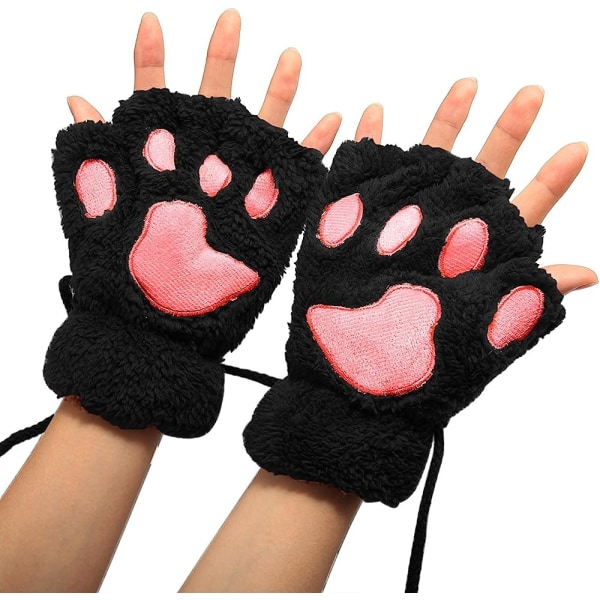 Kvinder Bear Plys Cat Paw Claw Glove Bløde vinterhandsker Fingerløse handsker (sort)