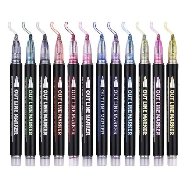 Dobbel linje kontur penner 12 farger kontur metalliske markører Glitter kontur penner Skriving Tegning Pe