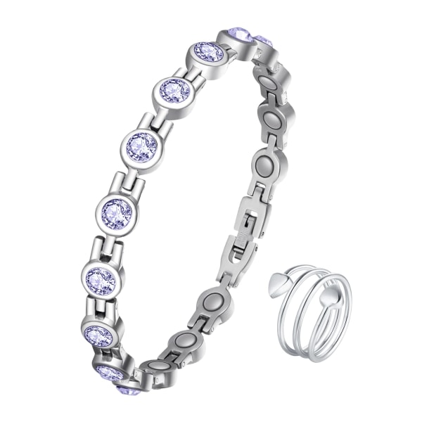 Magnetisk armbånd til lymfedræning til kvinder, magnetisk armbånd i Zirconia Crystal, Justerbar (lilla sølv diamanter)