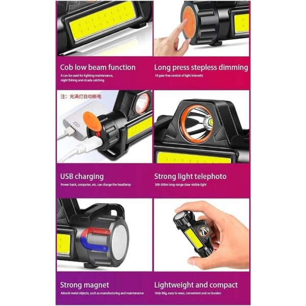 Xpe Cob Dimbar Pannlampa Fiske Pannlampa Justerbar Pannband Kraftfull 90W LED Pannlampa med USB-lading