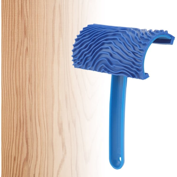 Blå träkorneffekt gummifärgrulle med handtag, DIY-väggdekorationsverktyg