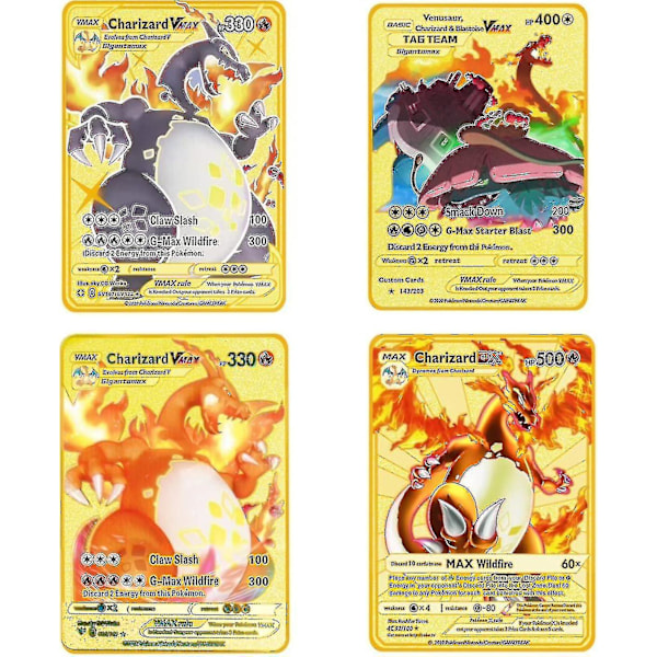 Charizard Vmax metallkort - 4 kpl Ultra harvinaista korttia metallkort V-kort/vmax/ex/dx keräilykortit - lahja keräilijälle