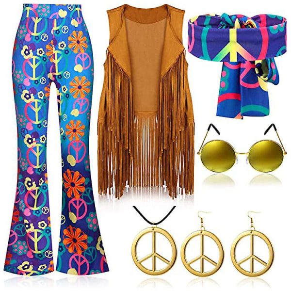 70-luvun hippibileet retroasu Tupsuliivi+housut+huivi puku Hippi M
