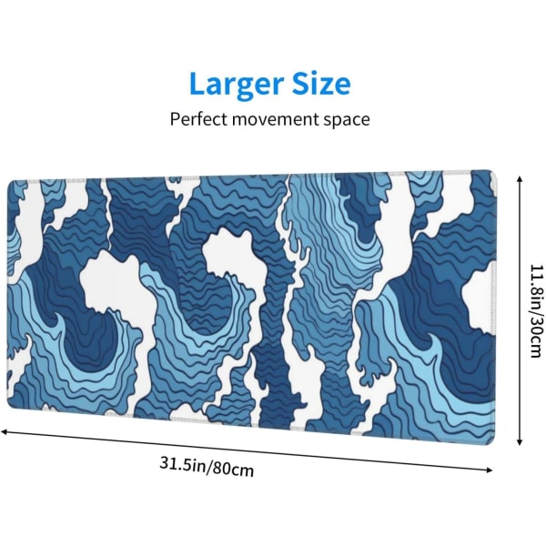 Japansk blå og hvid Sea Wave musemåtte XL forlænget skrivebordsunderlag, skridsikker gummibase syet kant Gaming PC Desktop Stor musemåtte, 31,5 x 11,8 tommer