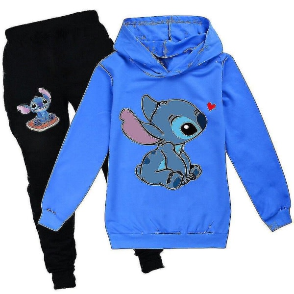 Lilo Stitch harjoituspuku 2kpl Hupullinen Top Huppari Housut Asusetti Lasten Urheiluvaatteet Sininen 140cm